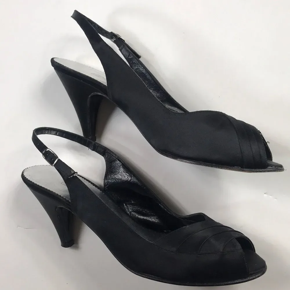 Black Silk Kitten Heels by Red Cross Made In Italy Shoes Size 7